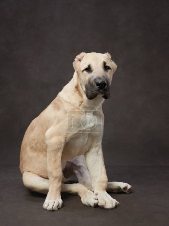 Photo for Studio shot of a Central Asian Shepherd dog, watchful and poised. A cream-colored pet sits regally in a studio, exuding calmness - Royalty Free Image