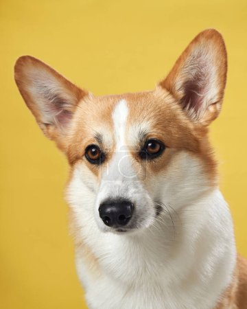 Un perro Pembroke Galés Corgi equilibrado sobre un vibrante telón de fondo amarillo, mostrando las razas características orejas atentas y una mirada cálida e inteligente