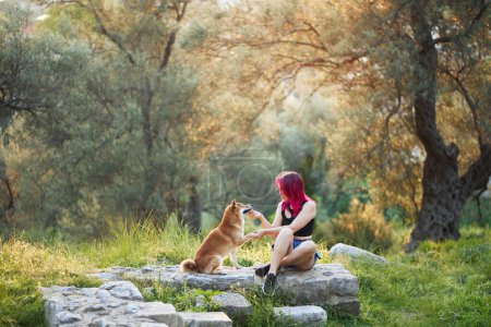 A woman with pink hair enjoys a serene moment in nature, sharing a gentle touch with a Shiba Inu dog on a stone in a lush grove