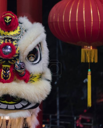 Téléchargez les photos : Spectacle de danse du lion pendant le festival du Nouvel An chinois à Kota Kinabalu City, Sabah, Malaisie pendant la nuit - en image libre de droit