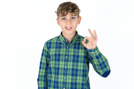 Photo for Handsome teen boy wearing plaid shirt over white background hold hand arm okey symbol toothy approve advising novelty news - Royalty Free Image