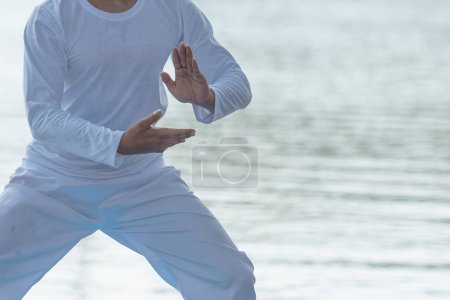 Young man practicing traditional Tai Chi Chuan, Tai Ji  and Qi gong in the park for healthy, traditional chinese martial arts concept on natural background .