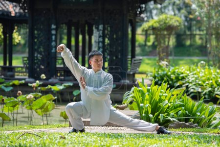 Séance d'entraînement pour homme asiatique avec Tai Chi le matin au parc, arts martiaux chinois, soins sains pour une vie saine concept.
