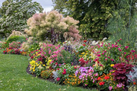 Téléchargez les photos : Belles fleurs dans de nombreuses couleurs telles que jaune, rouge, rose, orange et violet dans le parc de la ville d'Epinal dans les Vosges françaises - en image libre de droit