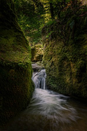 Photo for The beautiful nature in the Mullerthal region of Luxembourg, nearby the village Beaufort with the green forests mossy rocks and winding rivers and creeks - Royalty Free Image