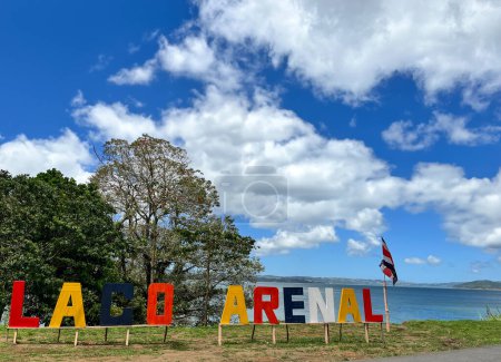 Photo for Lake Arenal in Costa Rica with colorful letter sign. - Royalty Free Image