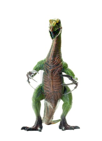 Spielzeug-Dinosaurier Therizinosaurus, ein prähistorisches Geschöpf, auf transparentem Hintergrund. Frontalansicht.