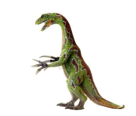 Spielzeug-Dinosaurier Therizinosaurus, ein prähistorisches Geschöpf, auf transparentem Hintergrund. Seitenansicht.