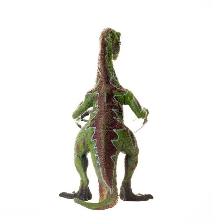 Spielzeug-Dinosaurier Therizinosaurus, ein prähistorisches Geschöpf, auf transparentem Hintergrund. Rückansicht.