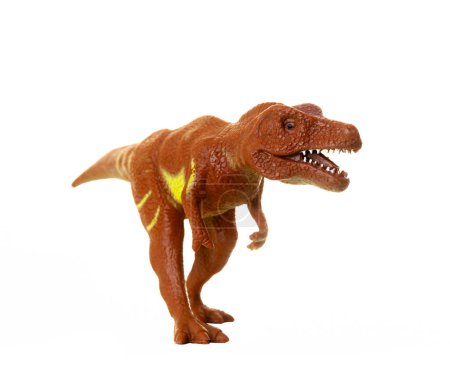 Téléchargez les photos : Réplique jouet détaillée d'un tyrannosaure rex positionné sur un fond blanc sans couture, adapté au contenu éducatif - en image libre de droit