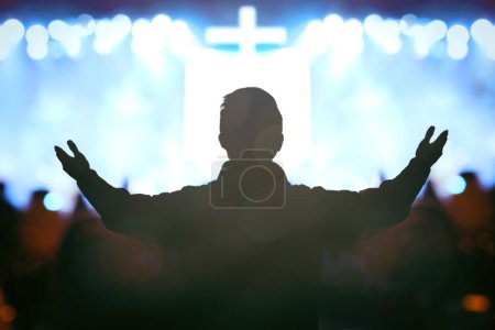 Photo for Christian worship God together in Church hall in front of music stage - Royalty Free Image