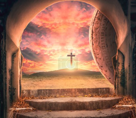 Easter concept: Empty tomb stone with three cross on meadow autumn sunrise background