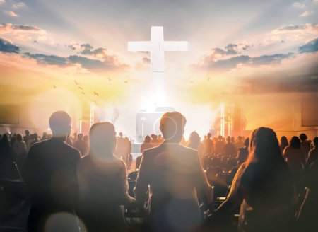 Téléchargez les photos : Christian Congregation hands Worship God together in front of wooden cross in cloudy sky - en image libre de droit