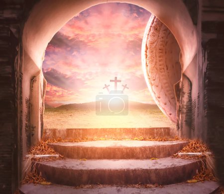 Photo for Easter and Good Friday concept, Empty tombstone with cross on mountain sunrise background - Royalty Free Image
