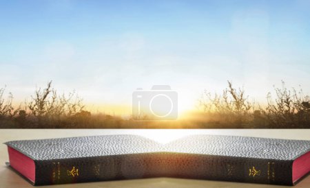 Téléchargez les photos : Bible sainte sur le matin campagne calme prairie lever du soleil paysage fond - en image libre de droit