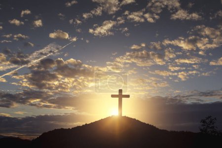 Photo for Silhouette wooden cross on mountain sunset background - Royalty Free Image