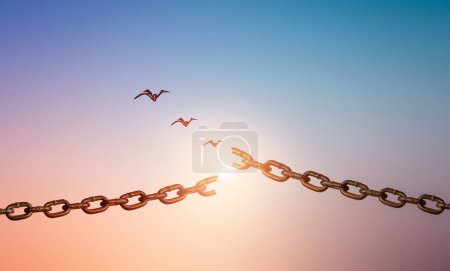 Silhouettes of broken chain and birds flying in sunrise sky background.