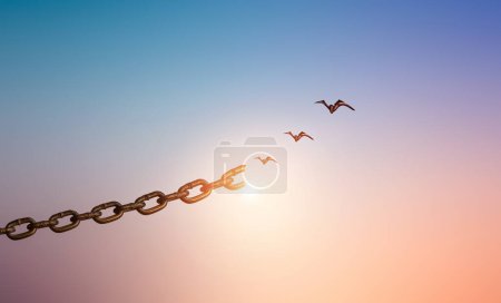 Foto de Siluetas de cadena rota y pájaros volando en el fondo del cielo al amanecer. - Imagen libre de derechos