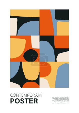 Illustration for Minimal set of mid century wall art poster with abstract shapes composition in trendy contemporary cut paper collage style, ideal for modern interior design - Royalty Free Image