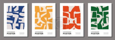 Illustration for Set of minimalist wall art posters with abstract shapes composition in trendy contemporary cut paper collage style, can be used as poster, flyer, card, brochure etc - Royalty Free Image