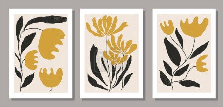 Set of mid century contemporary collage minimalist wall art poster with abstract organic floral shapes