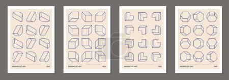 Set of minimalist 20s line art geometric design posters, vector template with primitive shapes elements, modern hipster style