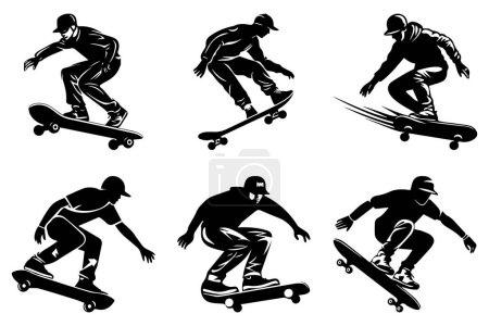 Téléchargez les illustrations : Ensemble de silhouette patineuse isolé sur fond blanc. Skateboard. Illustration vectorielle - en licence libre de droit