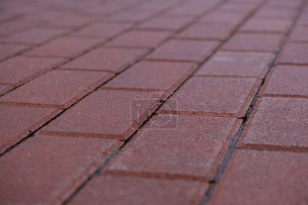 Close-up shot of burgundy-colored clinker pavement tiles with selective focus, showcasing the texture from a low angle. Burgundy clinker pavement tile captures its intricate texture from a low angle.