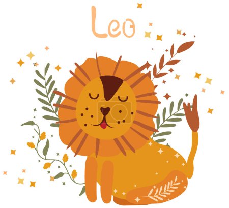 Leo astrological sign. Cute Zodiac sign with colorful leaves and stars around. Cute Leo perfect for posters, logo, cards. Vector illustration.