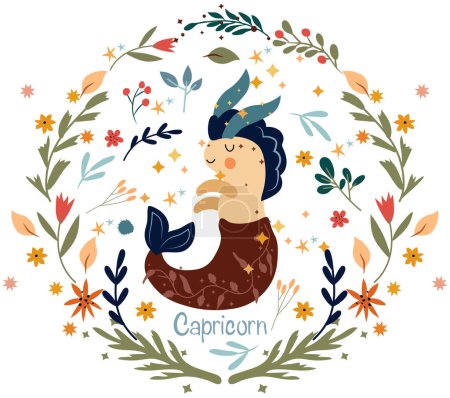Illustration for Capricorn Zodiac in a colorful wreath of leaves, flowers and stars around. Capricorn perfect for posters, logo, cards. Astrological Capricorn zodiac. Vector illustration - Royalty Free Image