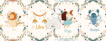 Illustration for Zodiac Virgo, Scorpio, Leo, Libra with leaves, colorful flowers and stars around. Set Astrological zodiac Signs perfect for posters, logo, cards. Vector illustration. - Royalty Free Image