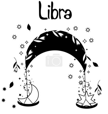 Black and white Libra astrological sign. Zodiac sign with colorful leaves and stars around. Libra perfect for posters, logo, cards. Vector illustration.