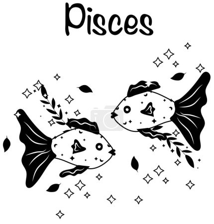 Black and white Pisces astrological sign. Funny Zodiac sign with colorful leaves and stars around. Pisces perfect for posters, logo, cards. Vector illustration.