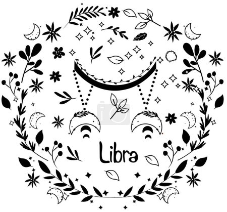 Illustration for Black and white Libra Zodiac with a colorful wreath of leaves, flowers stars around. Astrological Libra zodiac perfect for posters, logo, cards. Vector illustration. - Royalty Free Image
