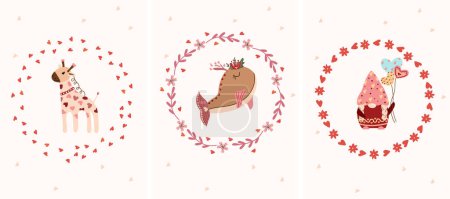 Téléchargez les illustrations : Beautiful compositions with bright flower wreaths, a cute giraffe, a gnome holding balloons, a whale. Romantic day of St. Valentine Bright illustrations for greeting cards, posters, banners, etc - en licence libre de droit