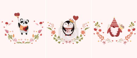 Téléchargez les illustrations : Beautiful compositions with bright flower wreaths, a cute penguin, a panda holding balloons, gnome. Romantic day of St. Valentine Bright illustrations for greeting cards, posters, banners, etc - en licence libre de droit