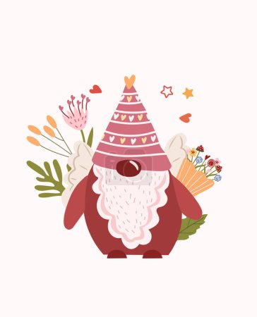 Téléchargez les illustrations : A beautiful postcard with a cute gnome holding a bouquet of flowers. Romantic day of St. Valentine Bright illustrations for thank you cards, birthdays, posters, banners, etc. Vector. - en licence libre de droit