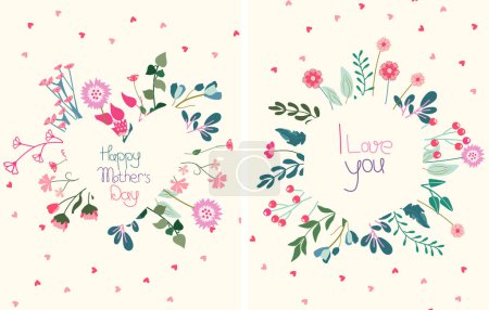 Einzigartiges florales Vektordesign mit magischen Blumen, die einen Kranz bilden. Glücklicher Muttertag. Helle Kompositionen sind ideal für Banner, Poster, Geburtstage, Hochzeiten usw. Vektorillustration.