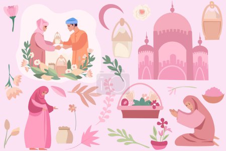 Illustration for Celebrating Together, A Joyful Muslim Community. A devout Muslims exchanging presents, extending congratulations to one another and pray namaz or salah. Great for cards, posters, banner. Vector. - Royalty Free Image