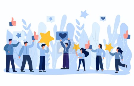 Illustration for Illustration of people characters giving five-star feedback through stars rating system. Vector concepts depicting customer reviews with both positive and negative ratings. Vector. - Royalty Free Image