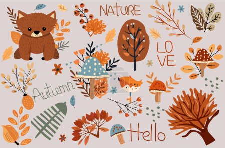 Illustration for Seasonal autumn banner, with wildlife, colorful mushroom, trees, leafage and cute bear. Banners Ideal for web, harvest fest, banners, cards, Thanksgiving. Vector illustration - Royalty Free Image
