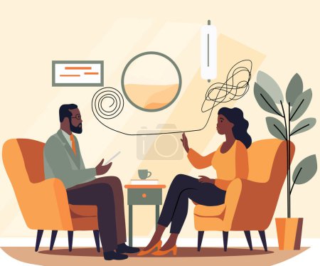 Mental health therapy notion. Female patient in a psychologists setting. Discussing with a psychiatrist while seated. Addressing stress, dependencies, and psychological issues. Vector.