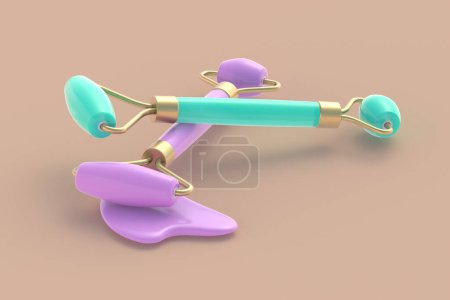 Photo for Face massage rollers and gua sha scraper. Lifting face and wellness. Cosmetics accessories. Facial skin care. 3d render - Royalty Free Image