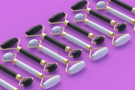 Photo for Row of face massage rollers. Lifting face and wellness. Cosmetics accessories. Facial skincare. 3d render - Royalty Free Image