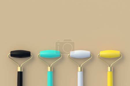 Photo for Row of different colors face massage rollers. Lifting face and wellness. Cosmetics accessories. Facial skincare. Copy space. Top view. 3d render - Royalty Free Image