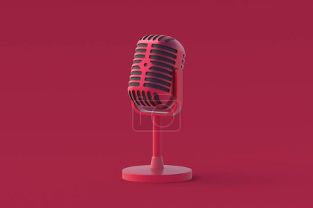Foto de Micrófono de magenta sobre fondo rojo. Color del año 2023. 3d renderizar - Imagen libre de derechos