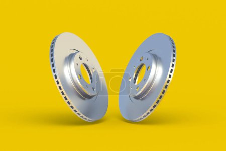 Photo for Brake disks on yellow background. Spare parts for car service. Automotive components. 3d render - Royalty Free Image