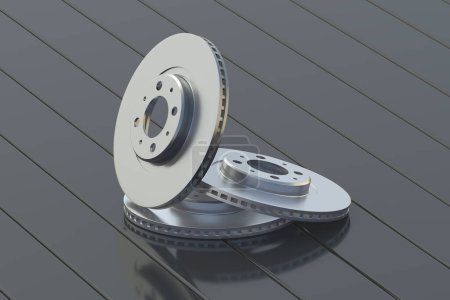 Photo for Brake disks on black boards. Spare parts for car service. Automotive components. 3d render - Royalty Free Image