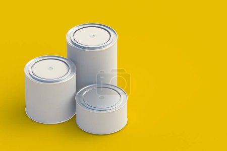 Paint cans on yellow background. Copy space. 3d render