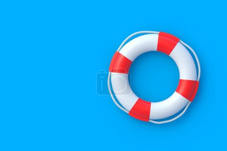 Lifebuoy on blue background. Travel or vacation. Summertime concept. Maritime safety. Help and rescue on sea. Top view. Copy space. 3d render